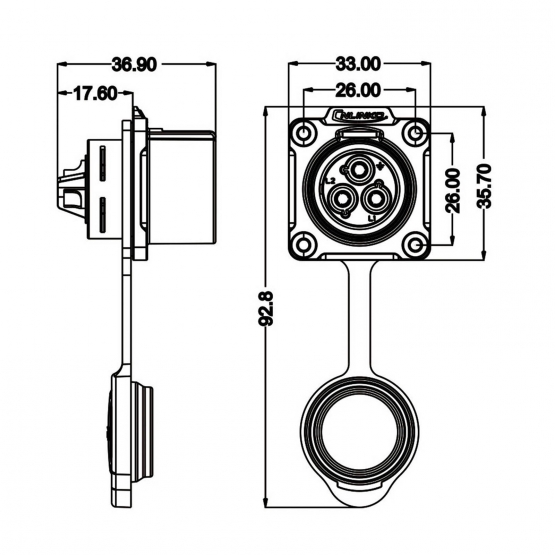 CNLINKO Power Einbaubuchse LP-24 Power 3pin female socket 500 V 25 A